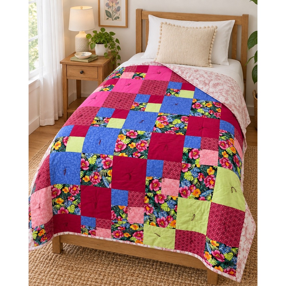 Handmade Reversible Tropical Patchwork Twin Quilt 58x74 Shabby Chic Reverse Side